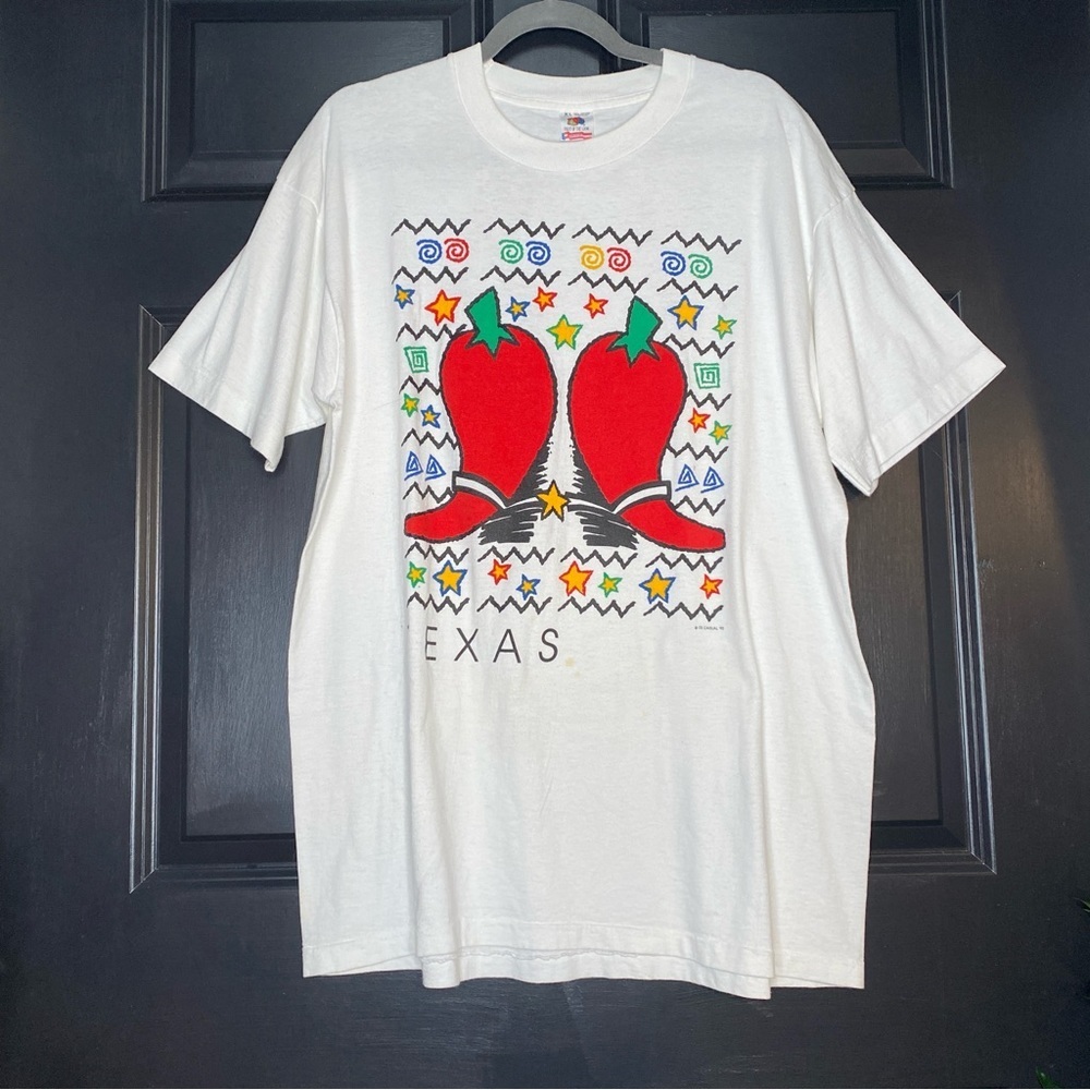 Vintage 1992 TEXAS Cowboy Boot Chile Peppers Single Stitch Tee Size XL Cotton